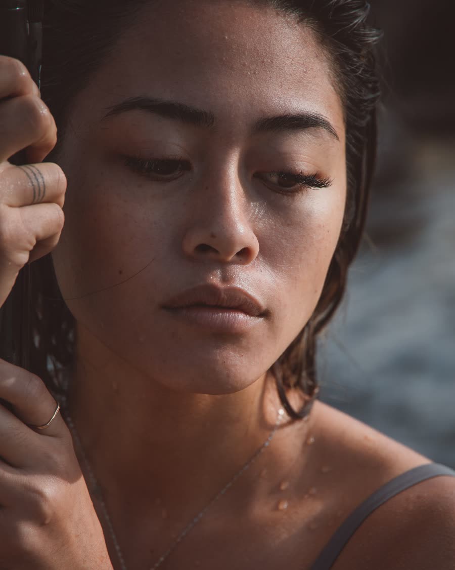 Sydney Ann model with sun-kissed skin by the water, San Diego